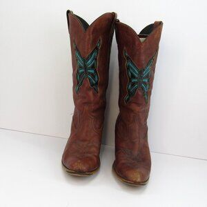 Dingo D1704 Women's Brown Western Heeled Boots with Teal Butterfly Size 10M